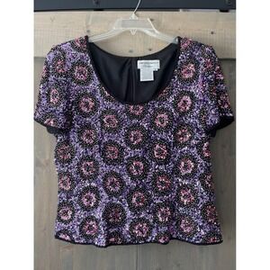 Adrianna Papell Evening Silk Sequin Beaded Top Black Pink Purple Sz 12 Back Zip